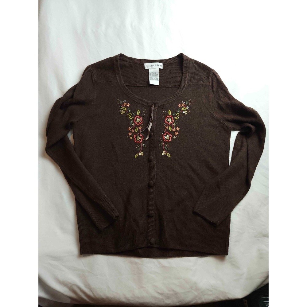 Vtg 90s Sag Harbor Sweater Womens M Brown Floral Embroidered Boho Cottagecore